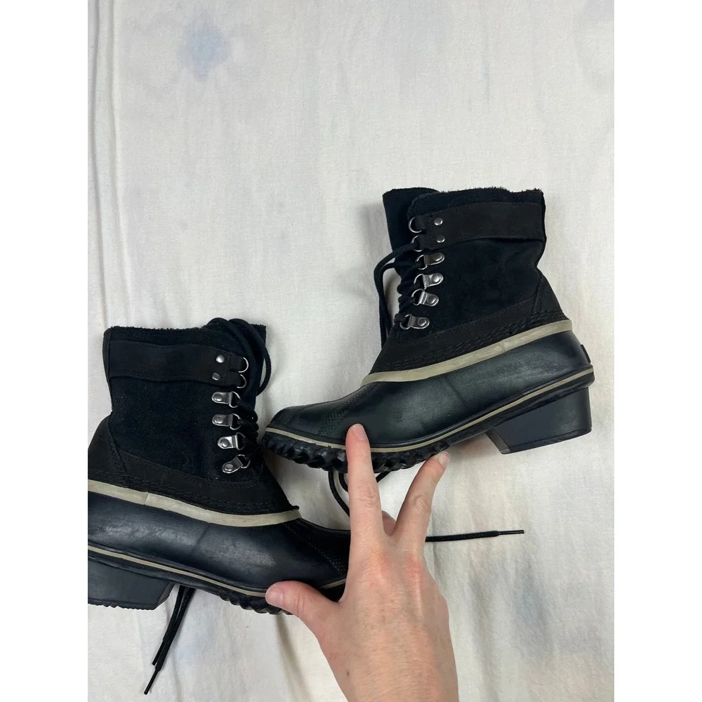 Sorel Winter Fancy II Lace Waterproof Black Suede Duck Boots NL2125-010 Womens 6